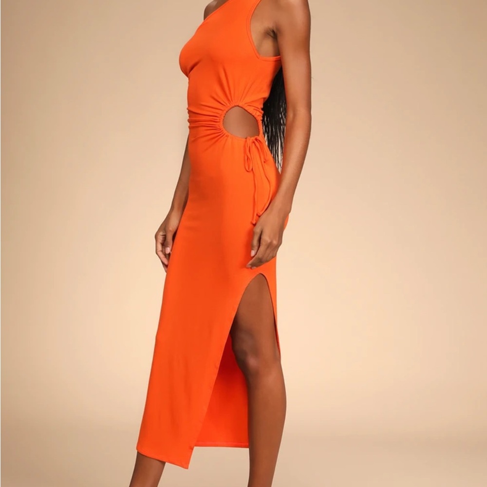 Lulu’s NWT Heat of the Moment Orange Asymmetrical Cut Out Body Con Midi Dress LG - Picture 10 of 12